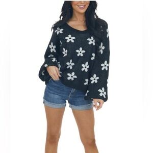 Peach Love California Flower Daisy Print Sweater Sz S Balloon Sl Oversized Black